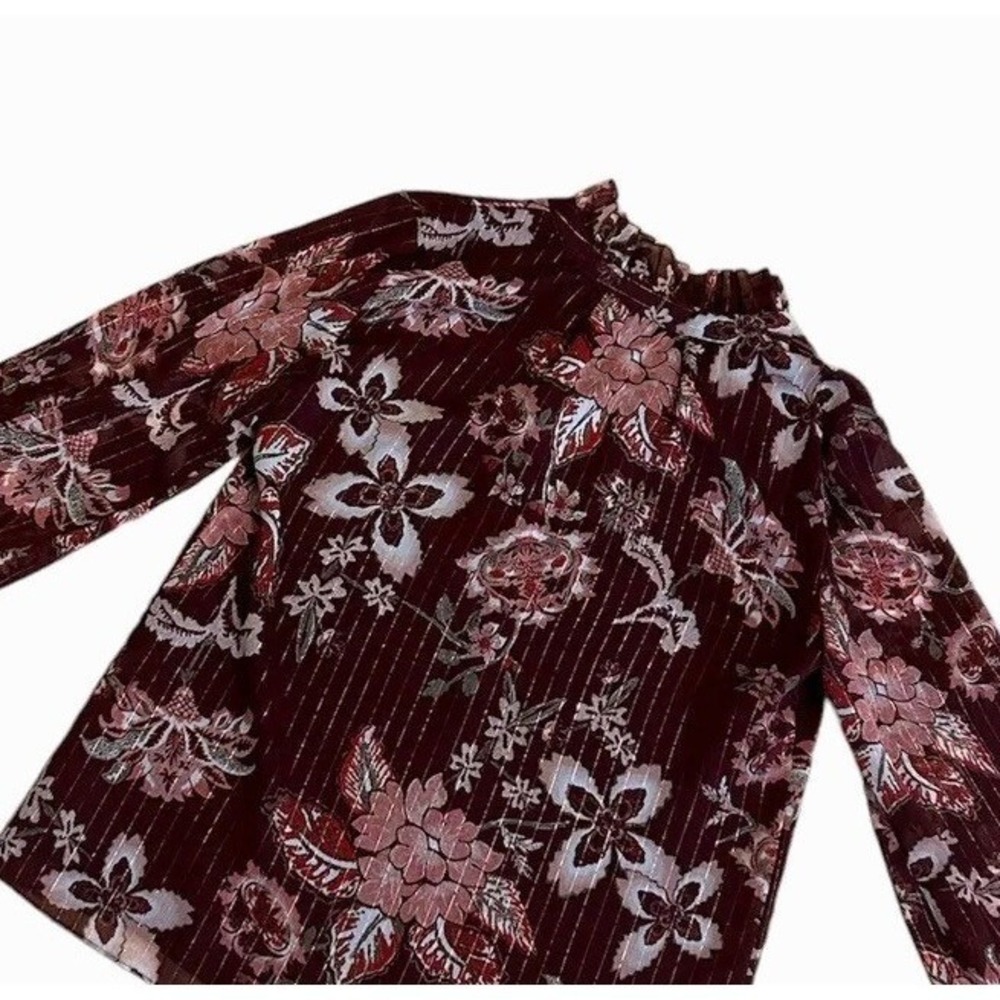Dark Romantic moody ruffle Small sheer maroon burgundy floral Whimsy blouse